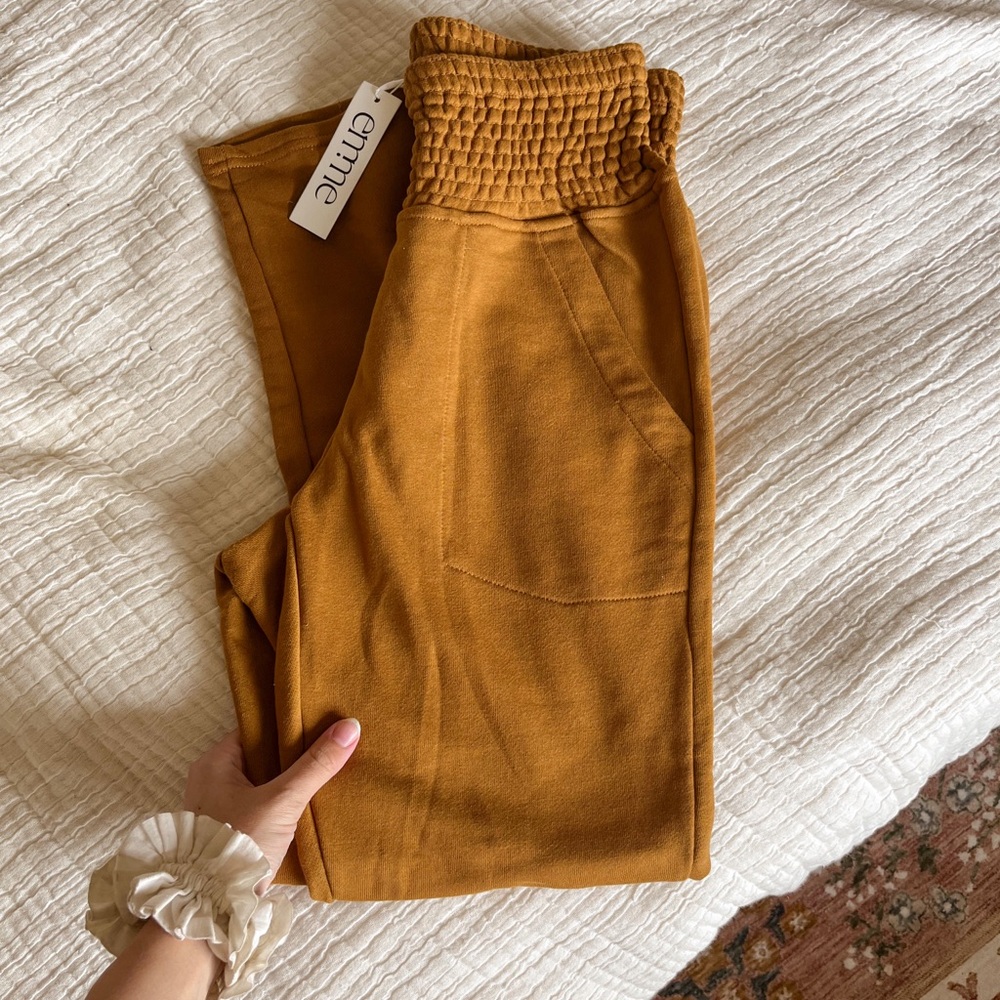 Tan High-Waisted Track Pants with Elastic Waistband